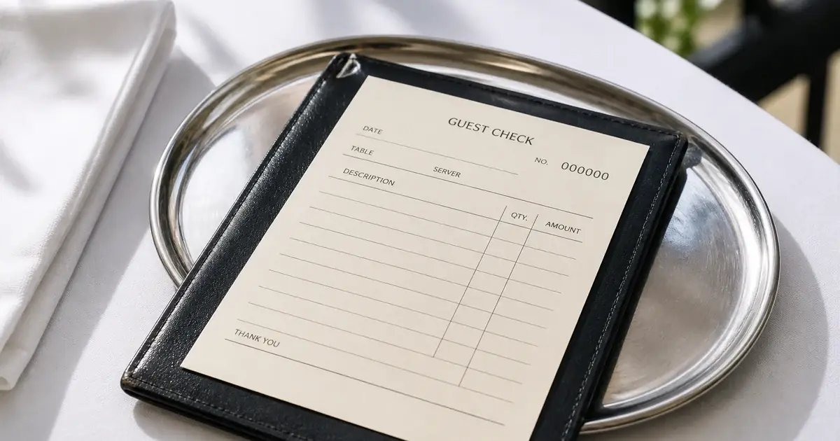 Blank cream cheque on a silver restaurant tray