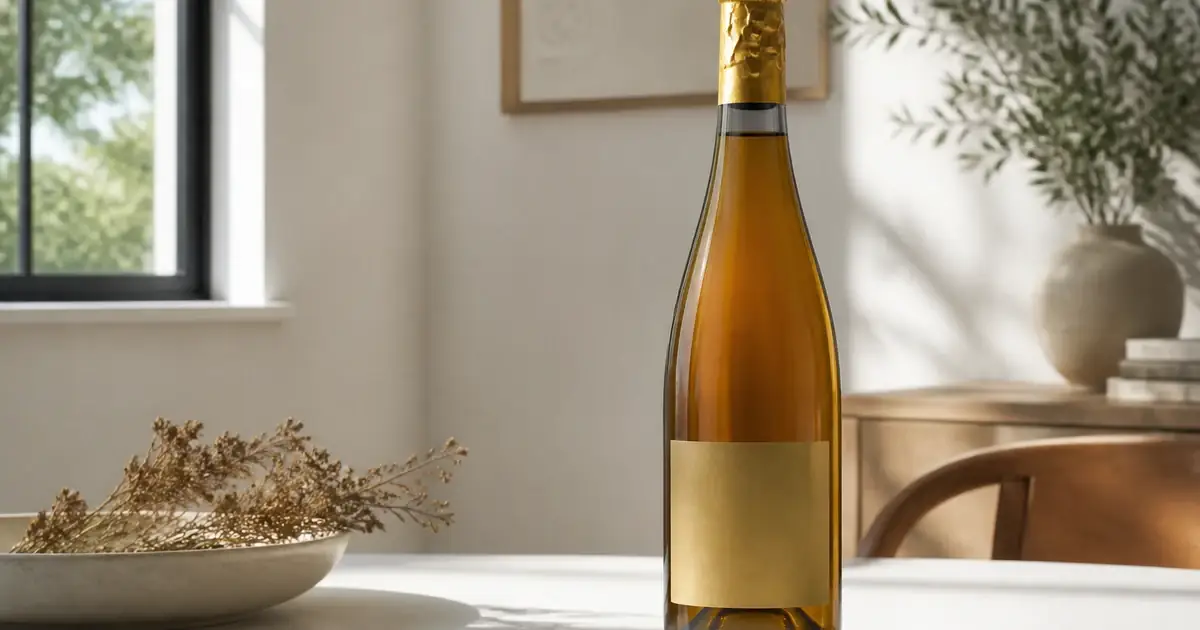 Amber bottle with gold foil on a white table