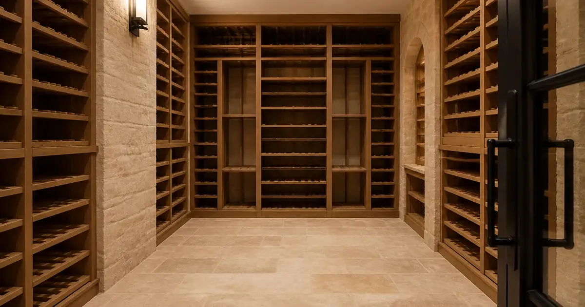 Empty wooden wine racks with the lights on
