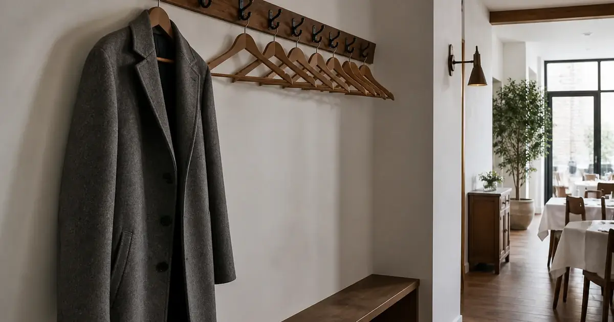 Cloakroom hangers and one grey coat