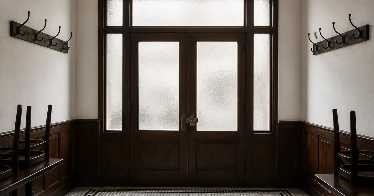 Closed restaurant door with frosted daylight