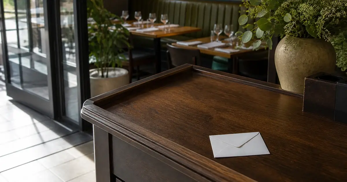 Small envelope on a white restaurant host desk