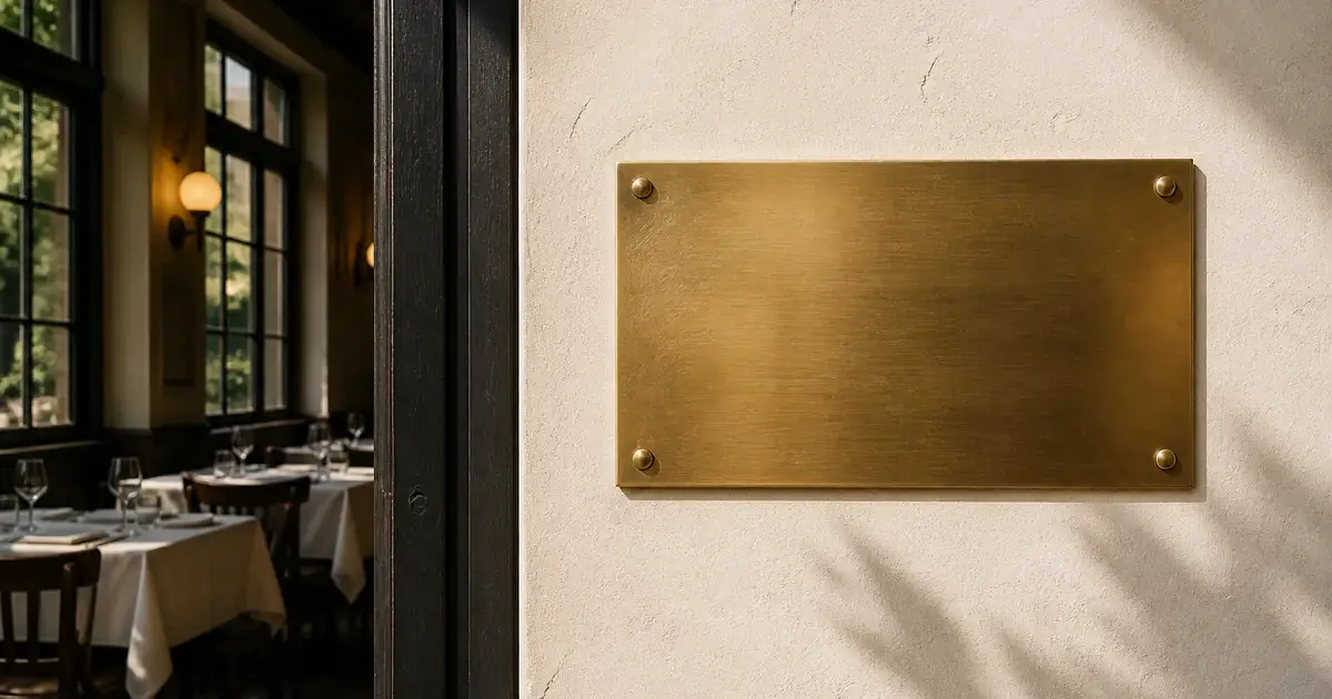 Blank brass plaque in an afternoon dining room
