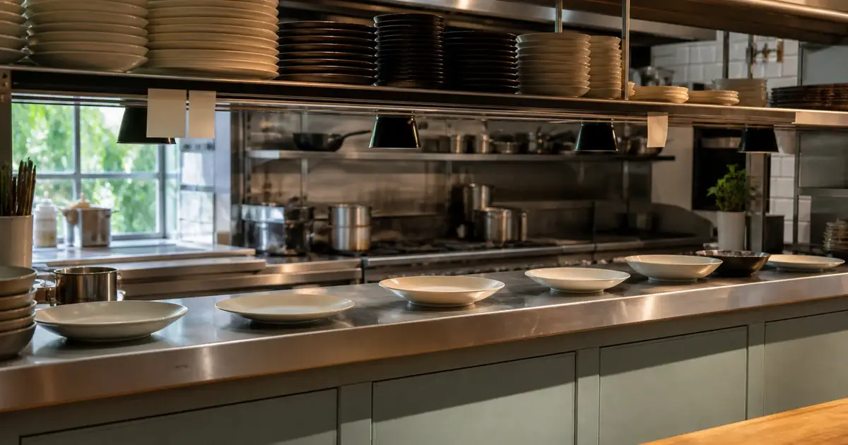 Empty plates waiting on a stainless kitchen pass