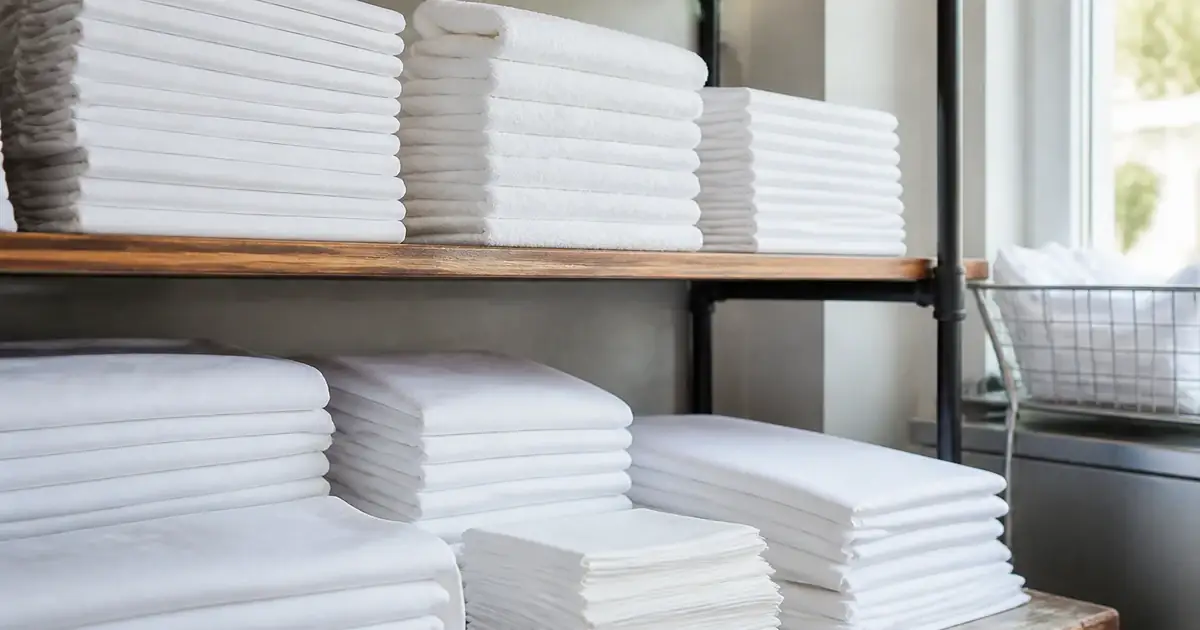 Stacked white restaurant linen in even daylight