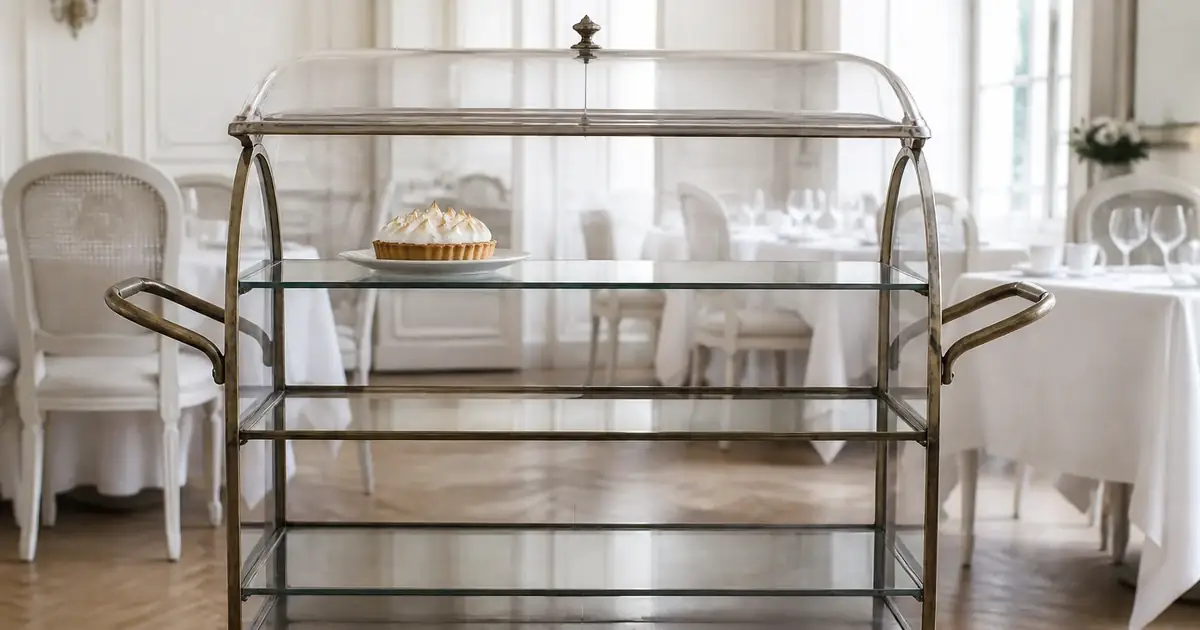 Pastry trolley with empty shelves and one tart