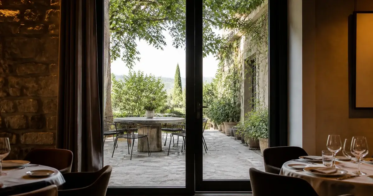 Patio table seen through a dining-room glass door