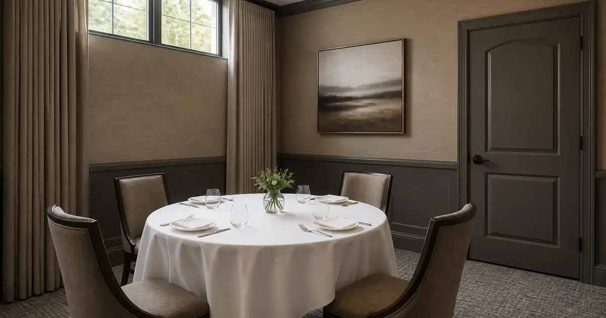 Round private dining table with four empty chairs