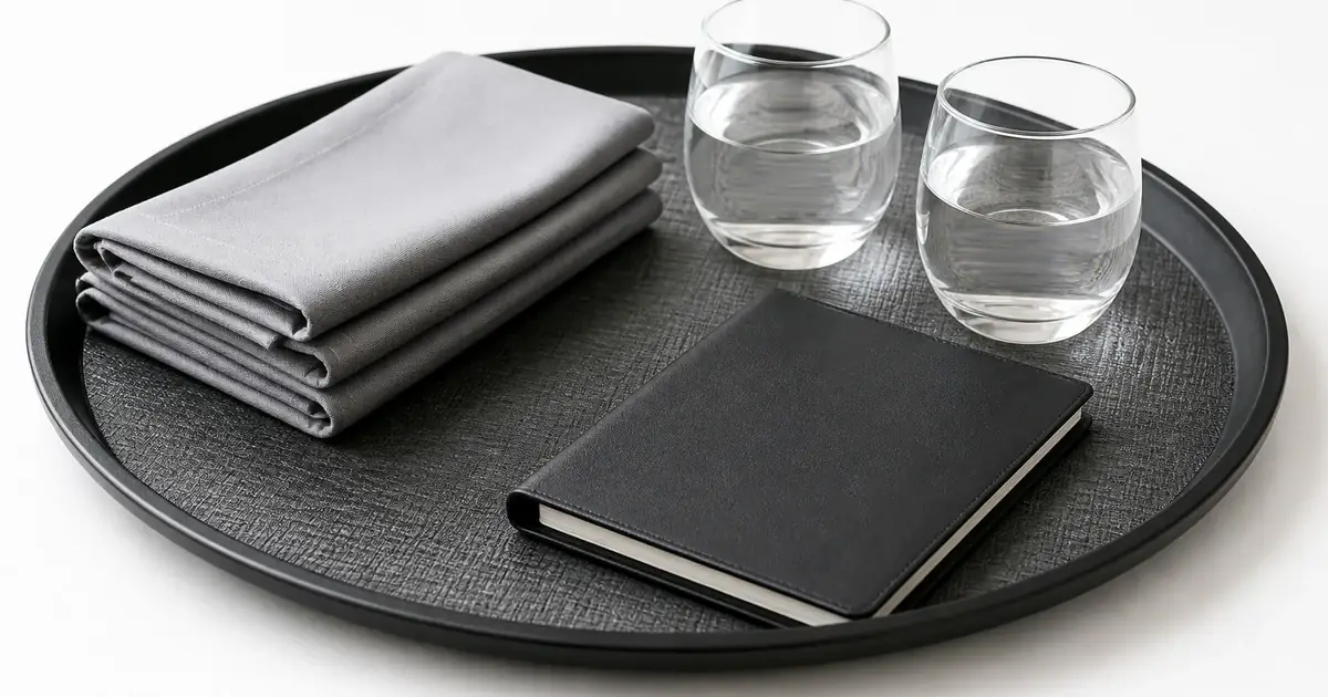 Waiter tray with napkins and glasses on white