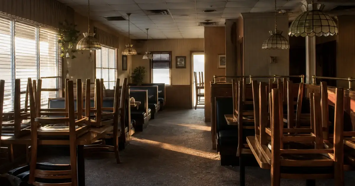 Chairs up on tables in late-afternoon dining light