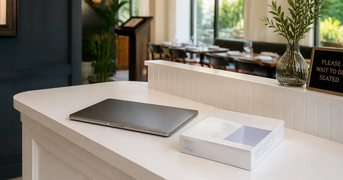 Closed laptop on a white restaurant host desk