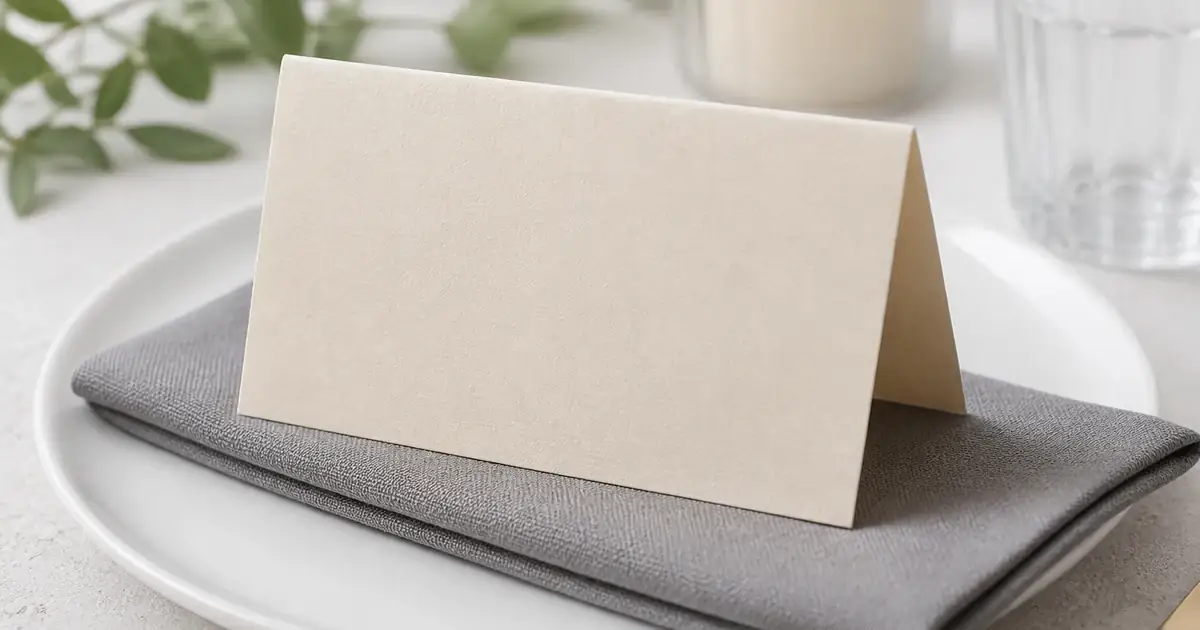 Folded cream card on a white restaurant plate