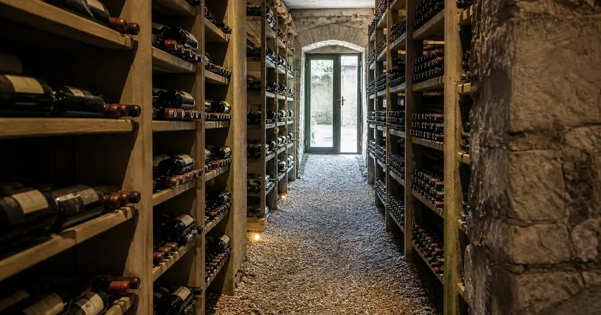 Wine cellar aisle with bottles in cool daylight