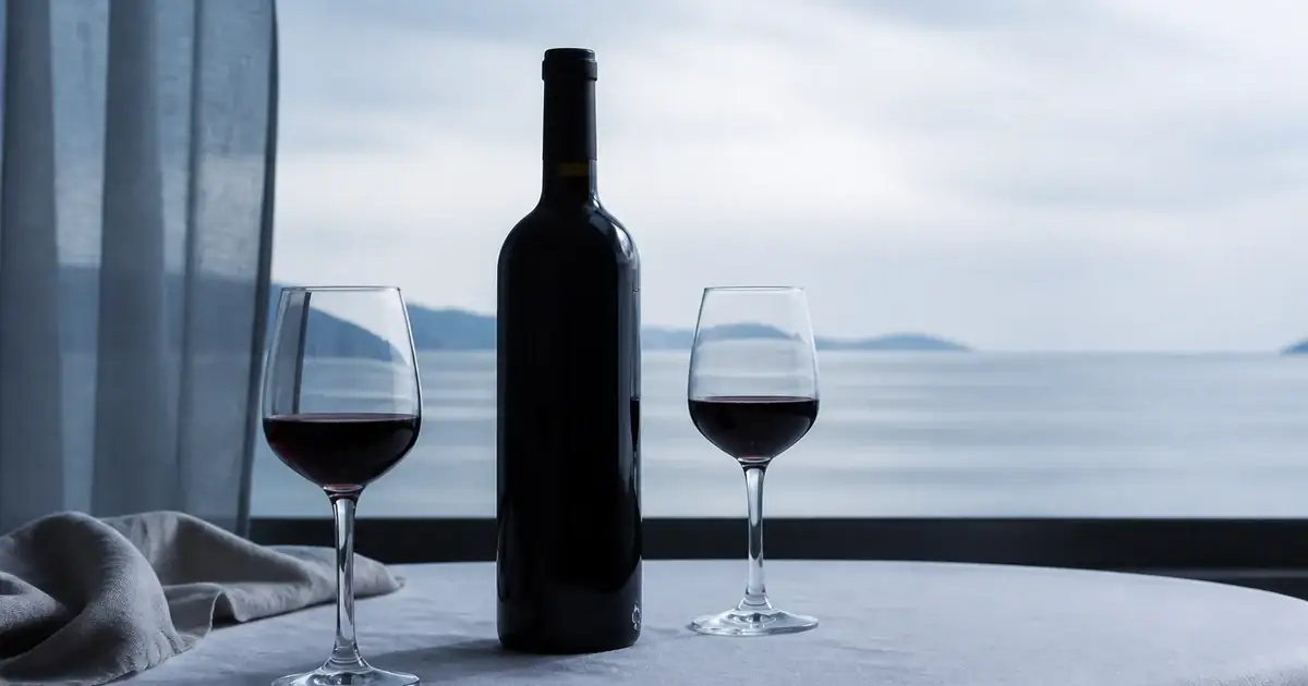 Dark bottle and two glasses on white linen